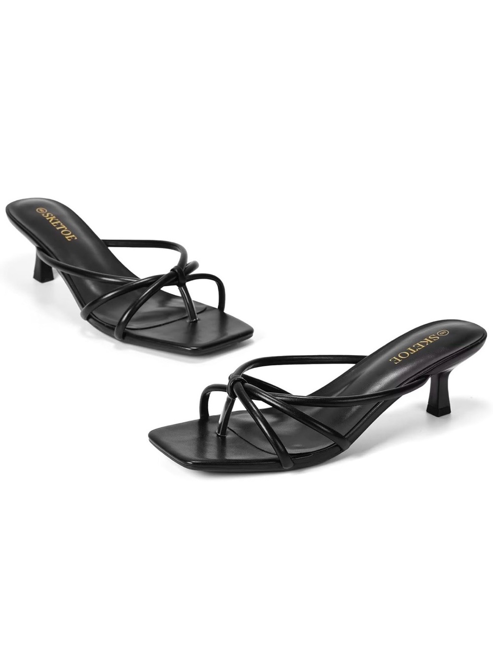 SKE TOE Black Strappy Square-Toe Women's Heeled Sandals